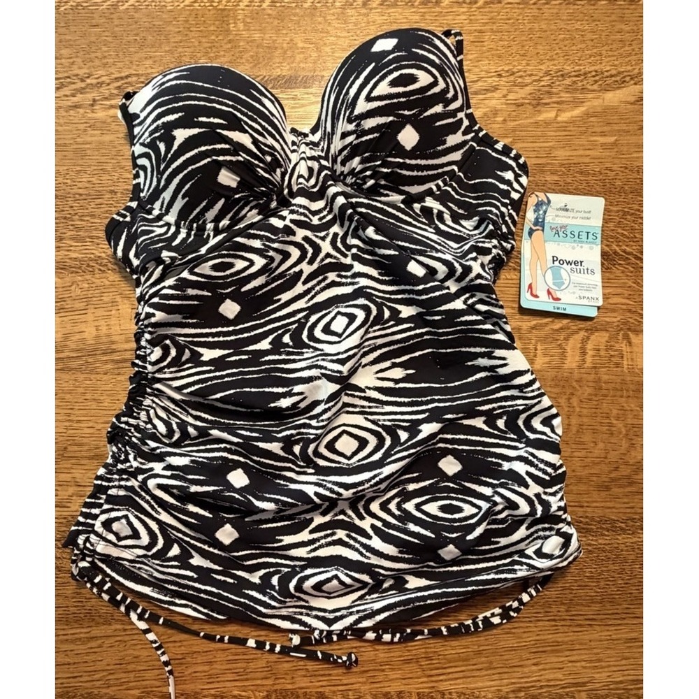 Spanx Love Your Assets Push Up Black White Tankini Swim‎ Suit Top Womens L NWT